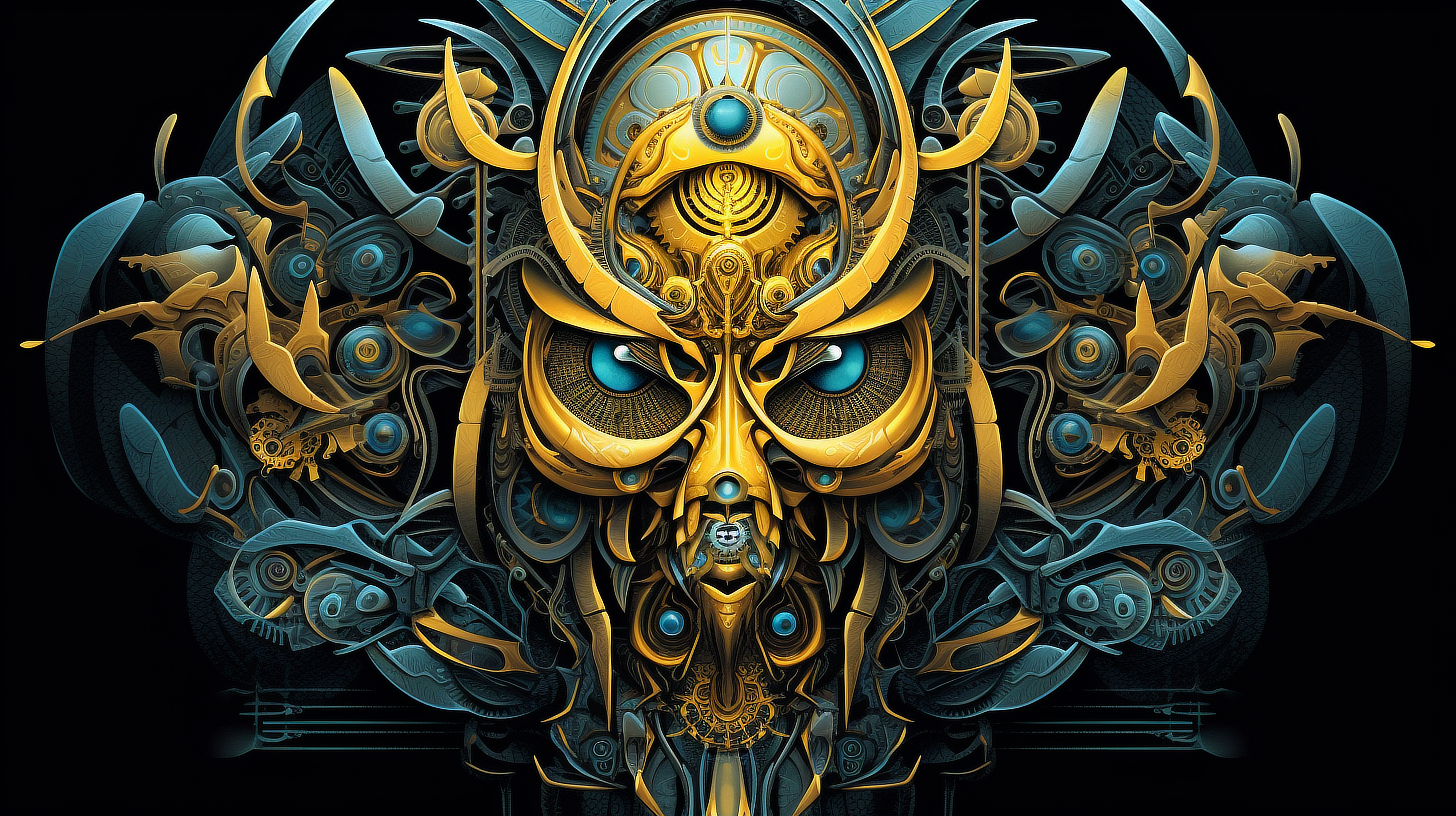 a gold and blue metal mask