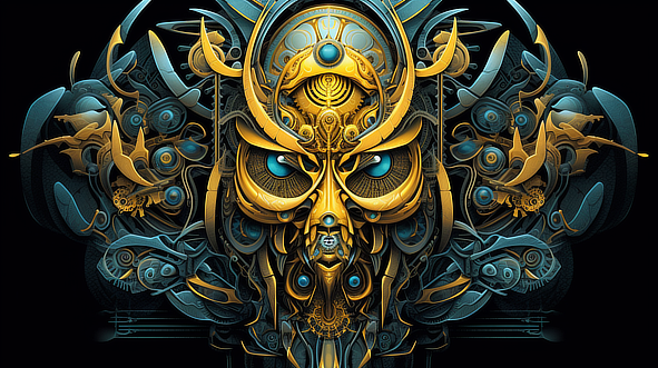 a gold and blue metal mask