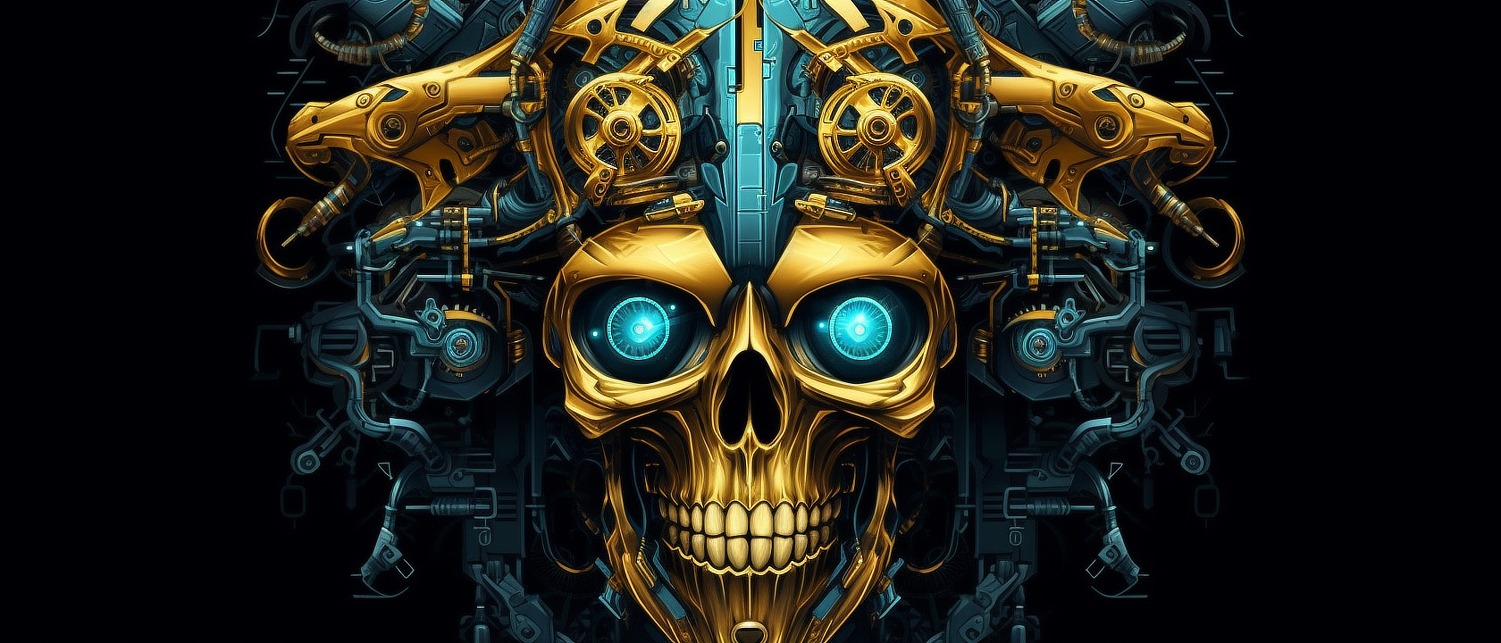 a skull with blue eyes and a mechanical structure
