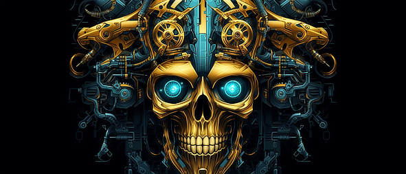 a skull with blue eyes and a mechanical structure