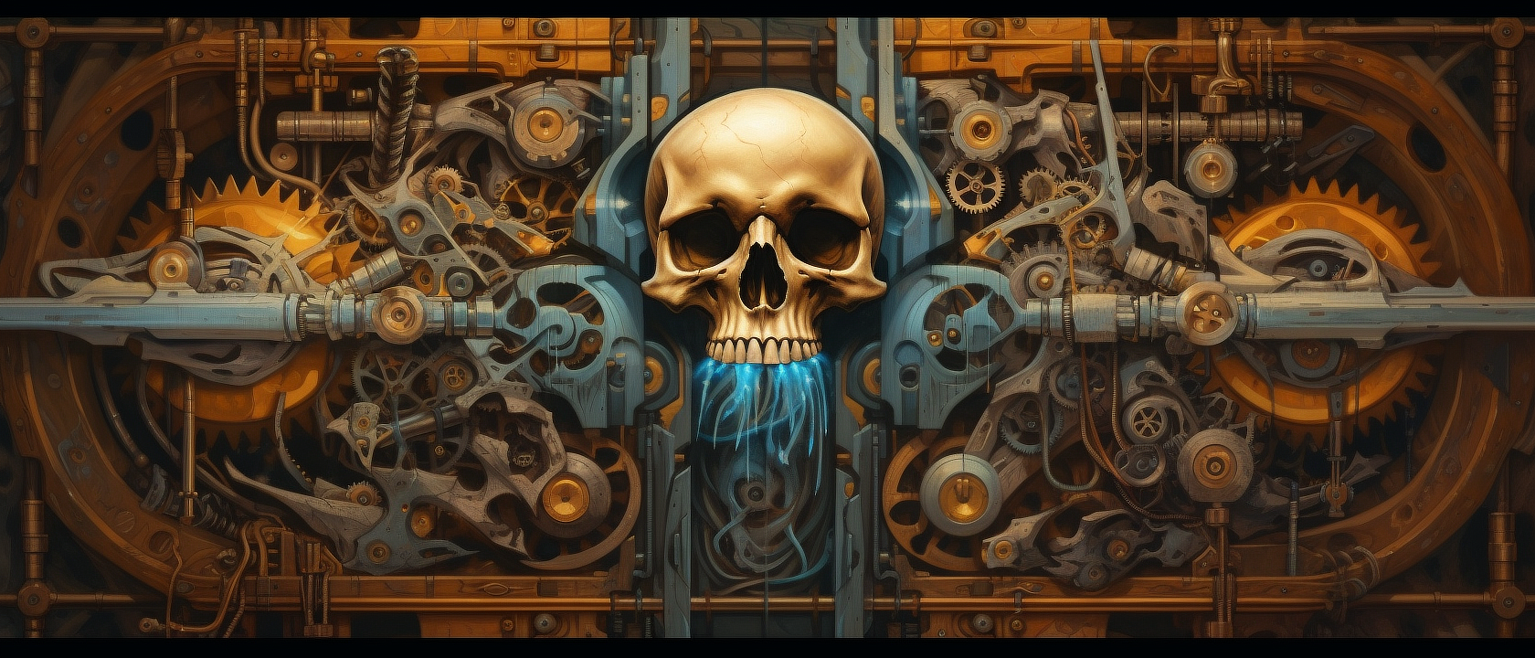 a skull with blue stream of blue liquid coming out of a metal structure