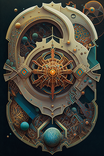 a artwork of a circular object with a gold and blue design