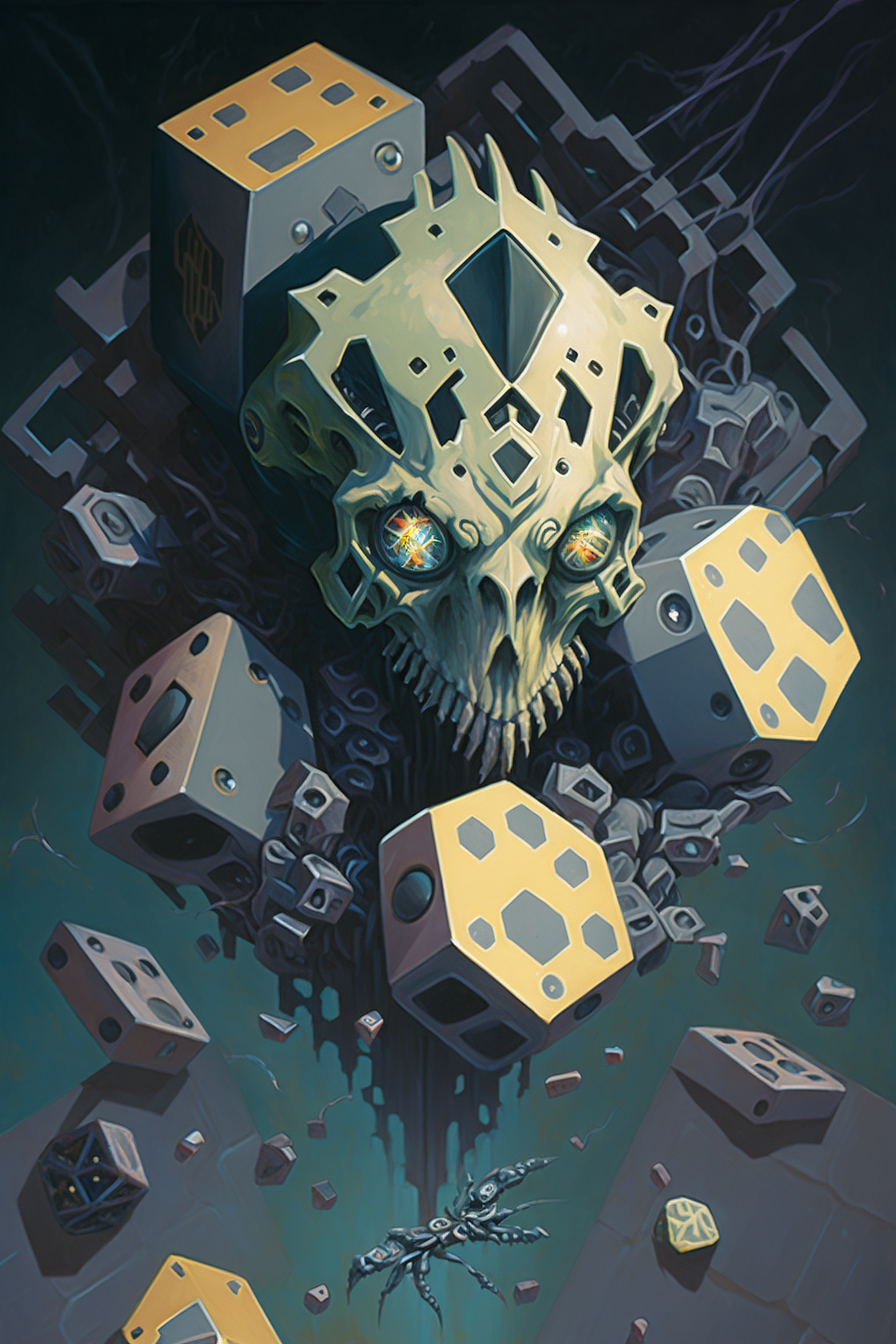 a skull with many dice