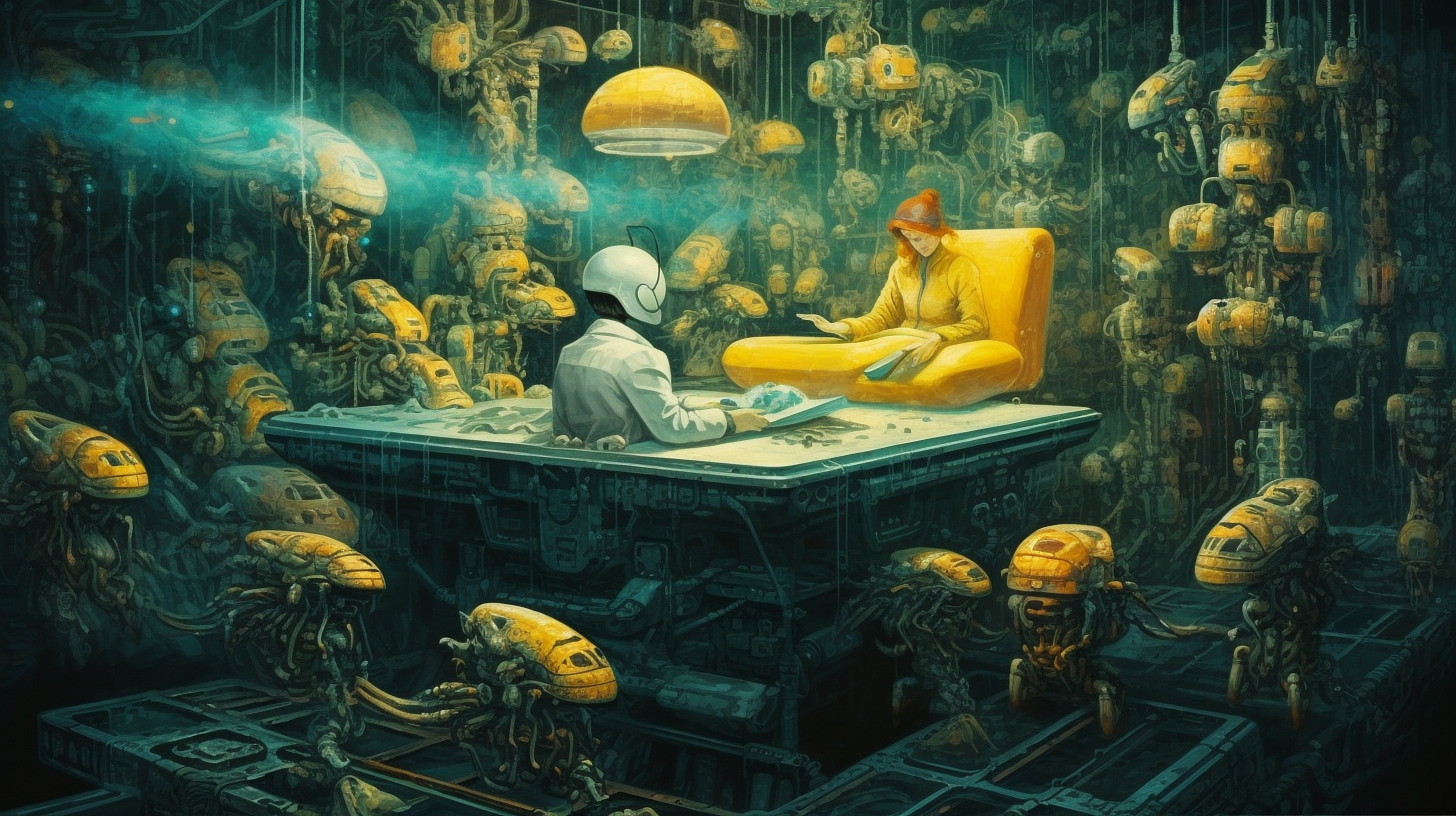 a man sitting at a table with a woman in a yellow chair