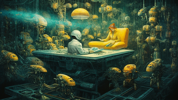 a man sitting at a table with a woman in a yellow chair