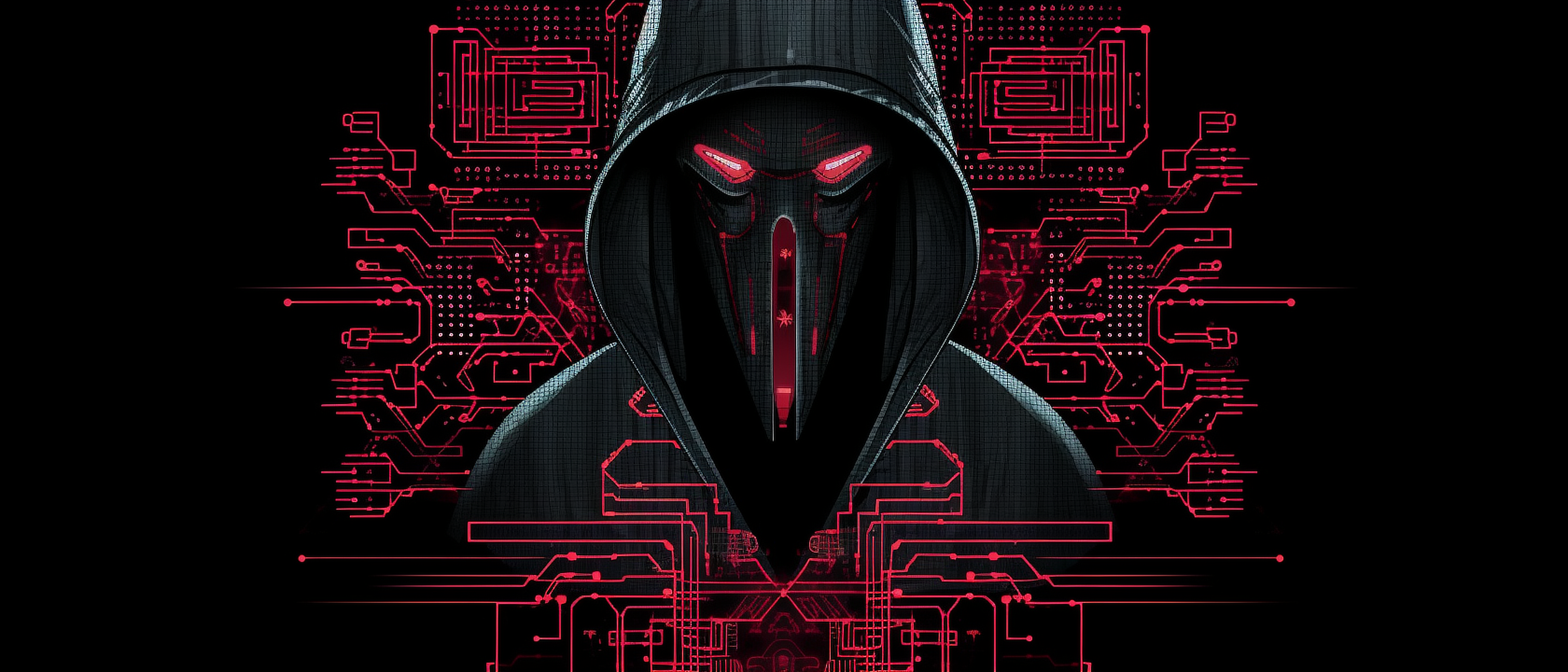 a person wearing a black hoodie with red eyes