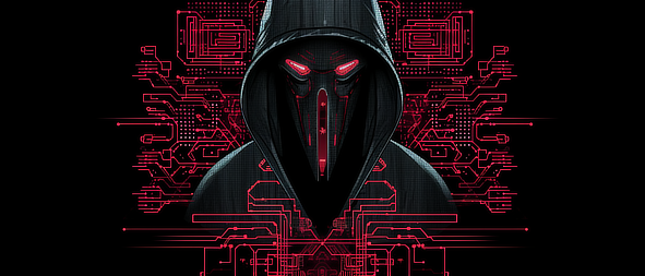 a person wearing a black hoodie with red eyes
