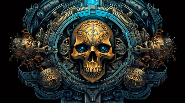 a skull in a circular metal frame