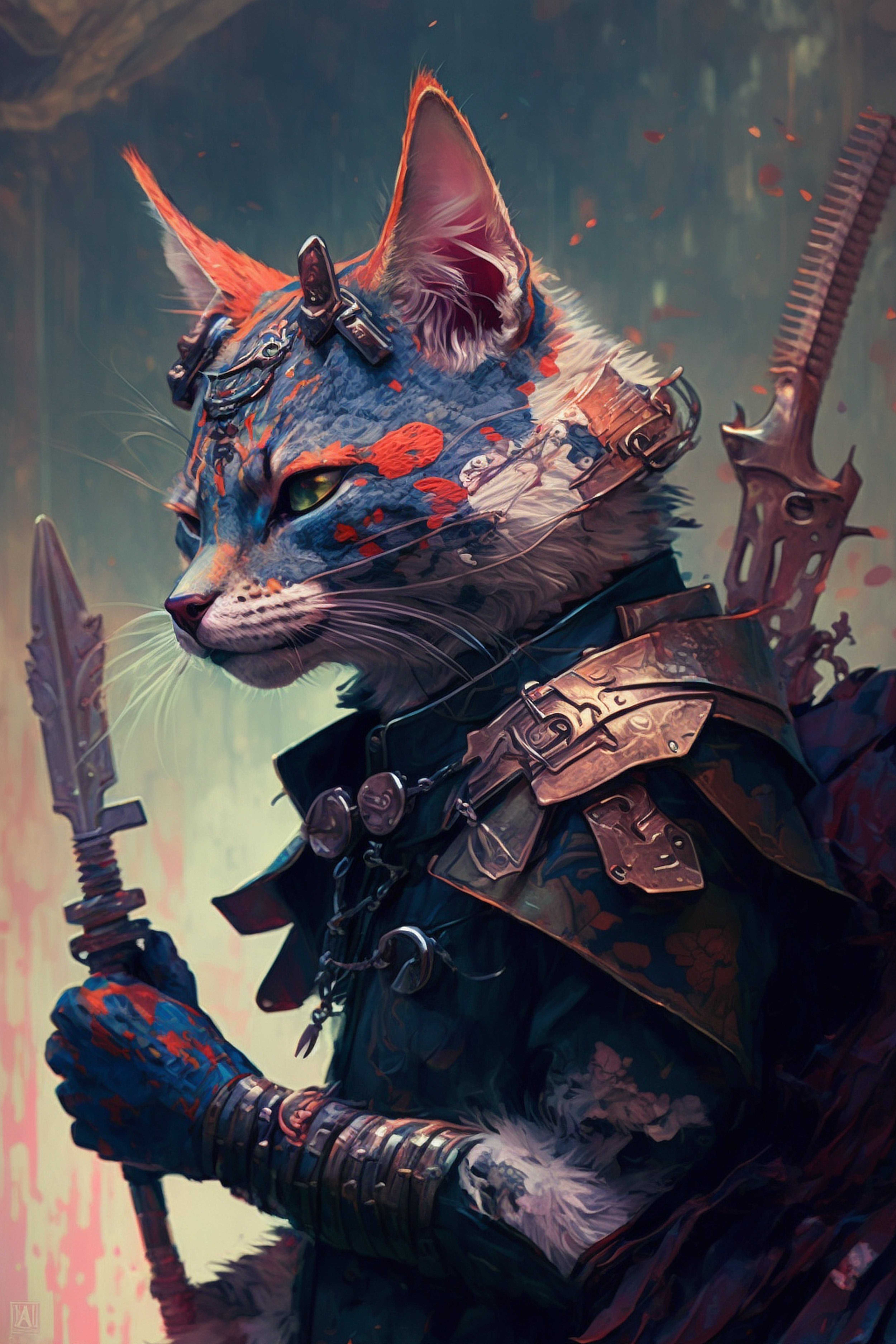 a cat with a painted face holding a sword