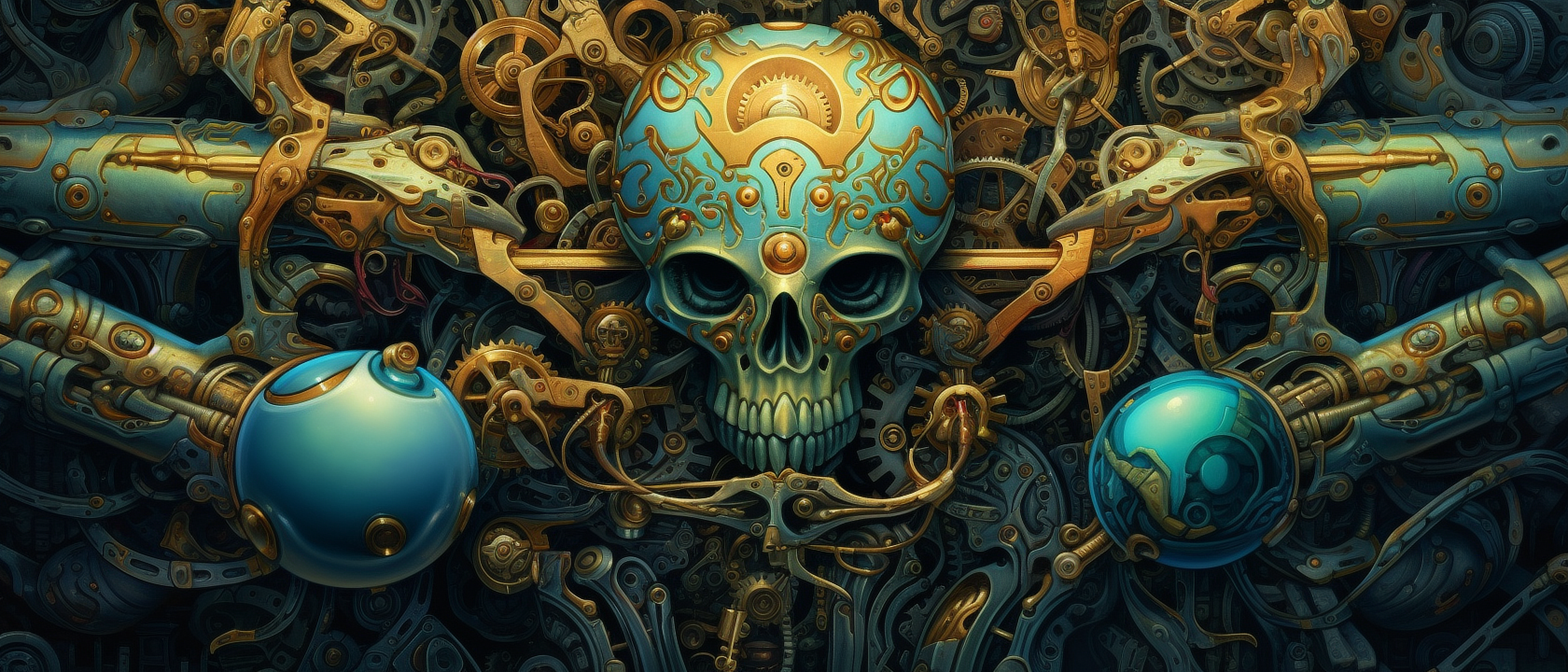 a skull with a blue and gold design