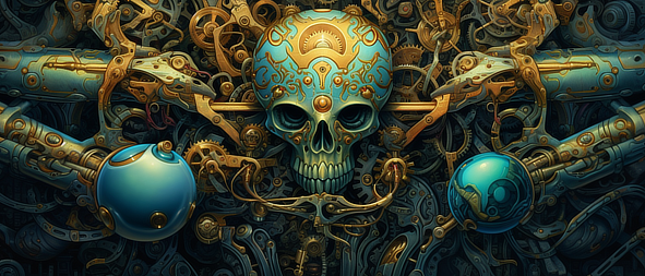 a skull with a blue and gold design