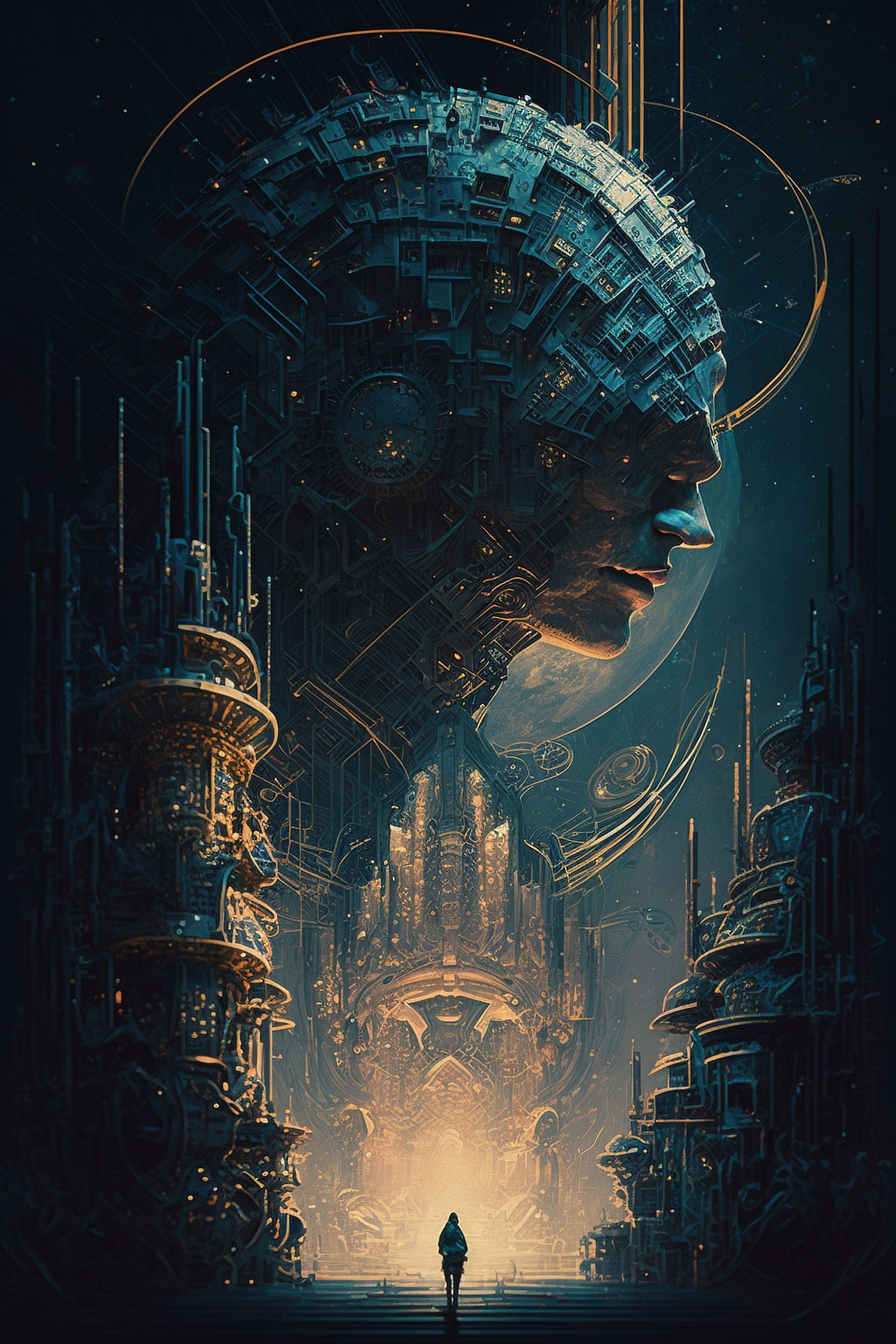 a man's face with a large metal structure