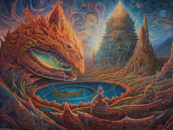 a colorful artwork of a dragon and a lake