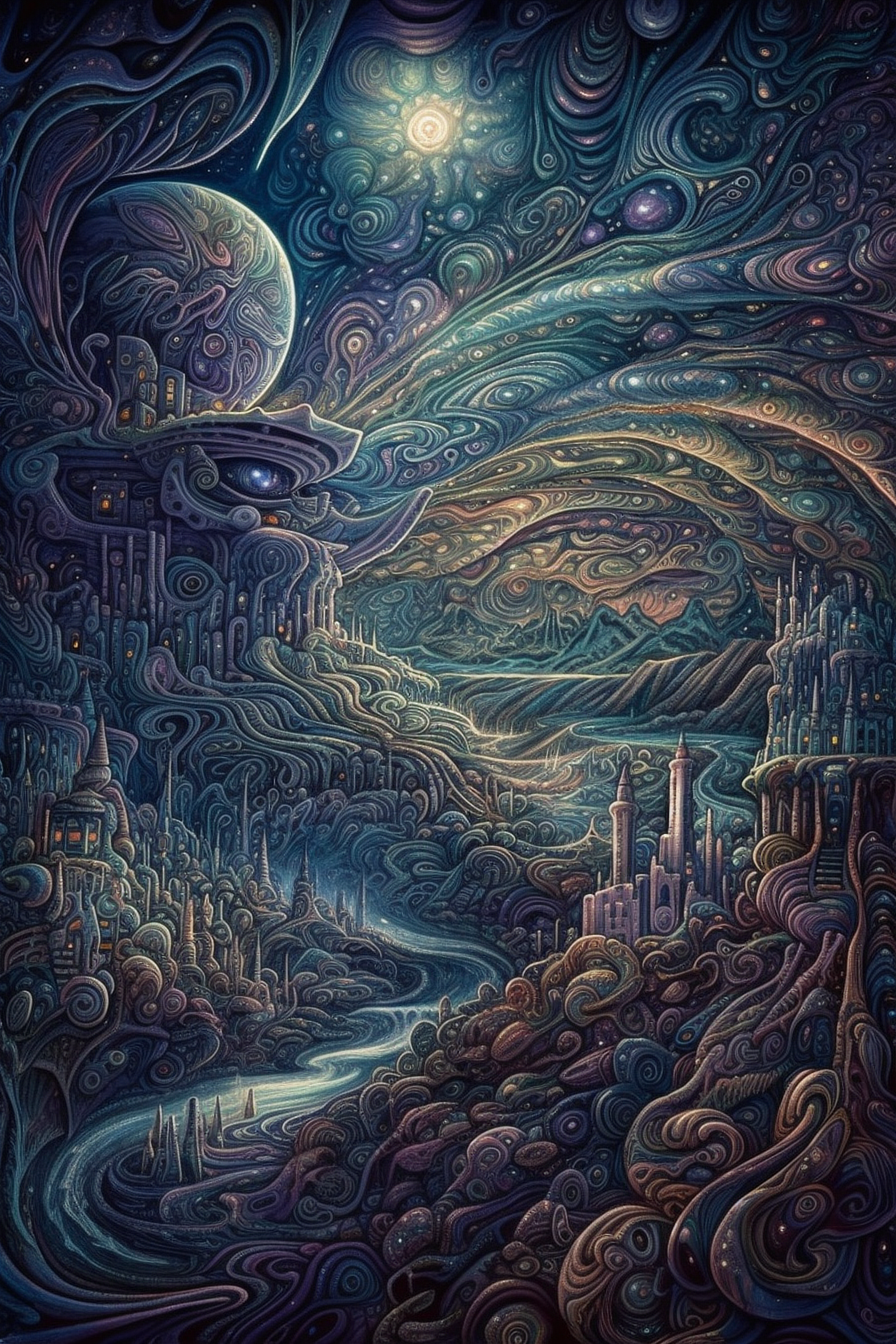 a fantasy landscape with a river and a city