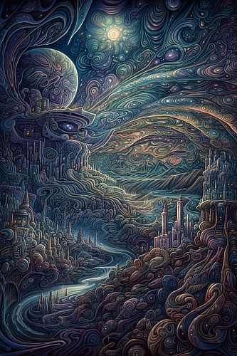 a fantasy landscape with a river and a city