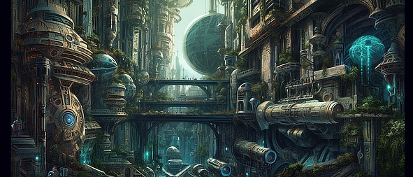 a city with many buildings and a large round sphere