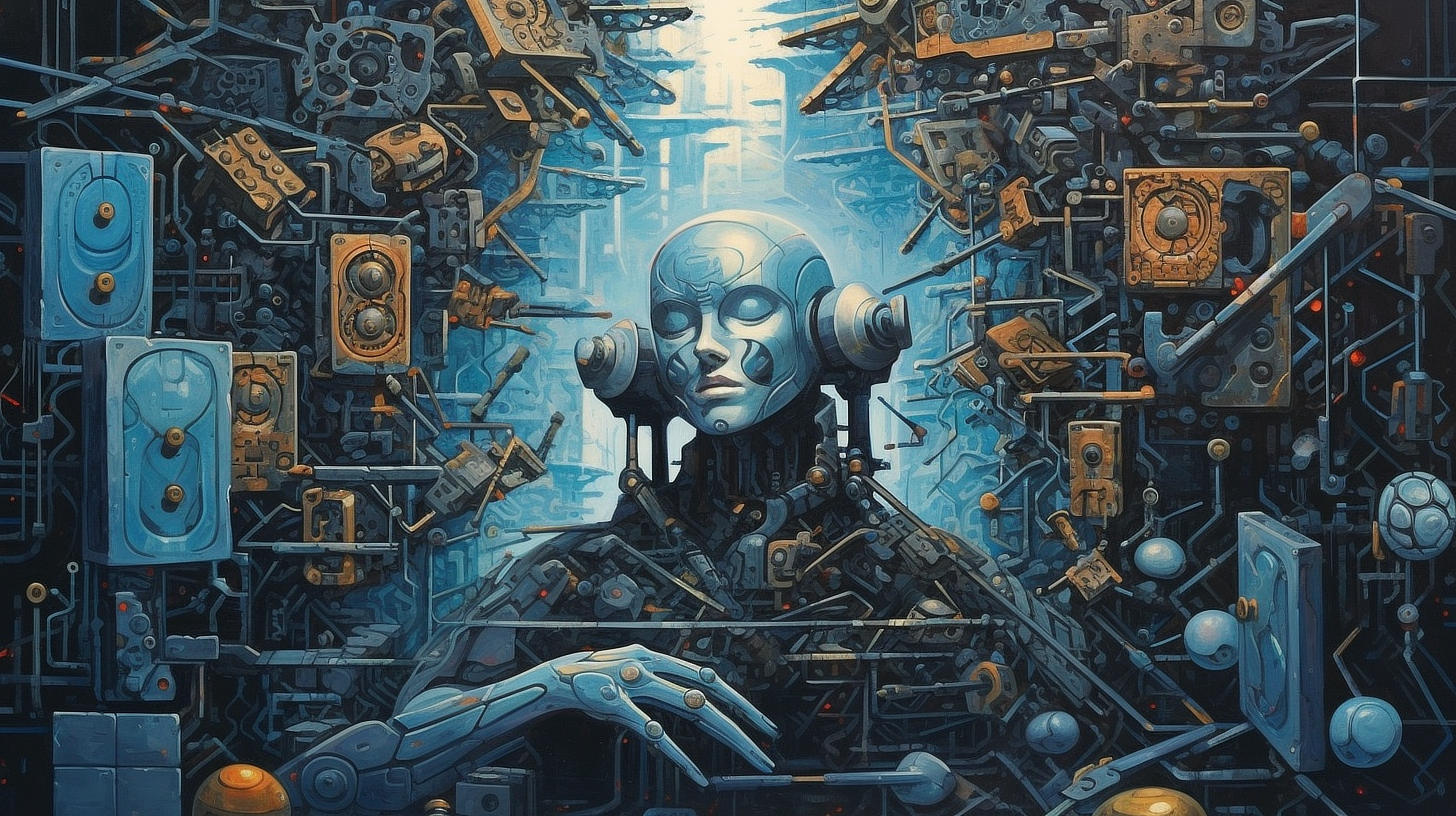 a robot in a room with many metal parts