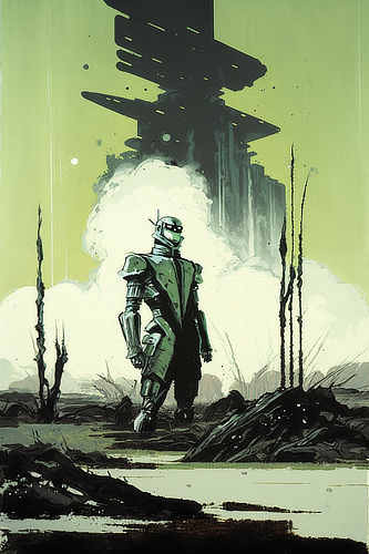 a robot standing in a desert