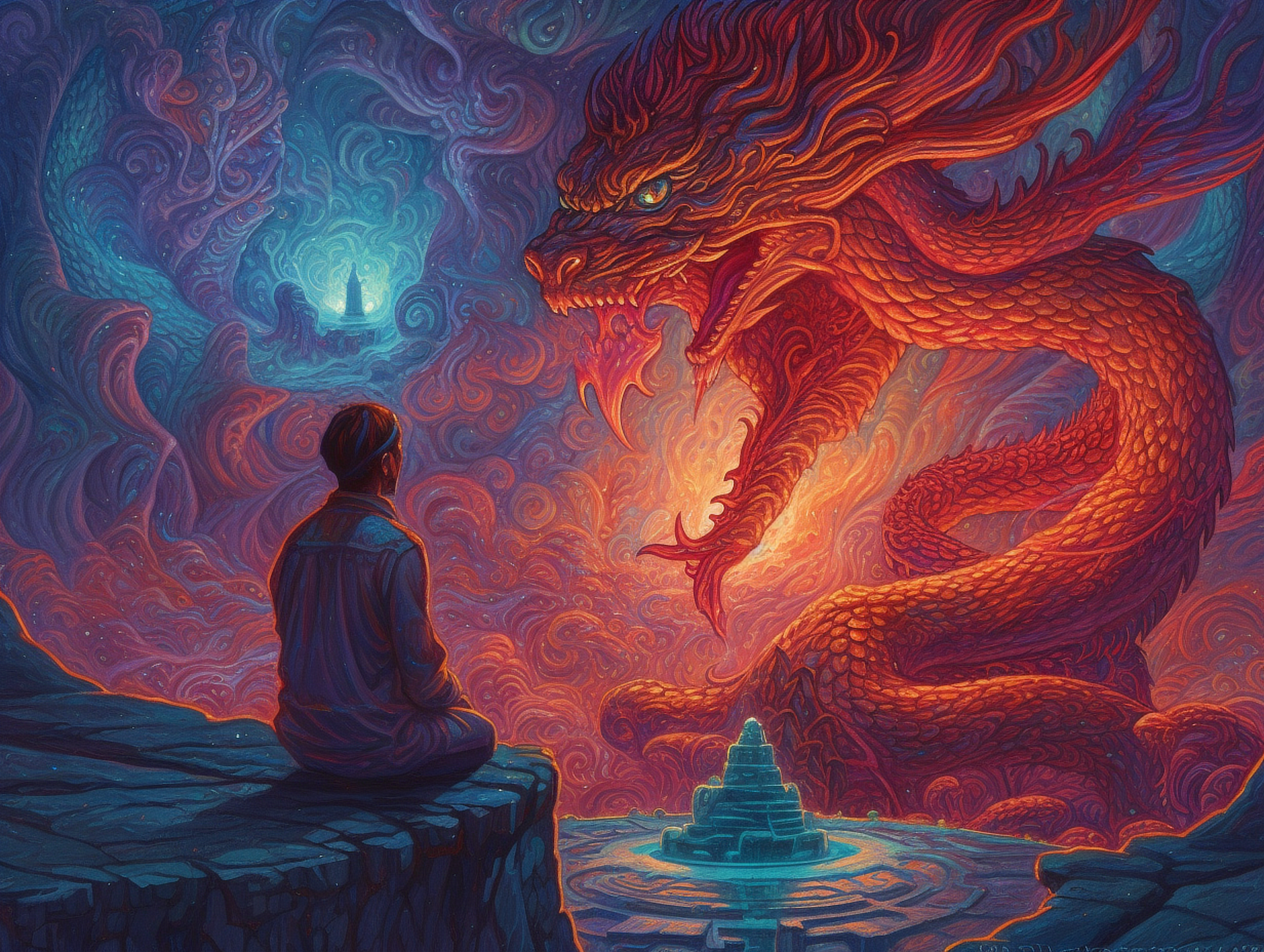 a man sitting on a rock looking at a dragon