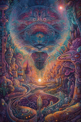 a colorful artwork with a large face