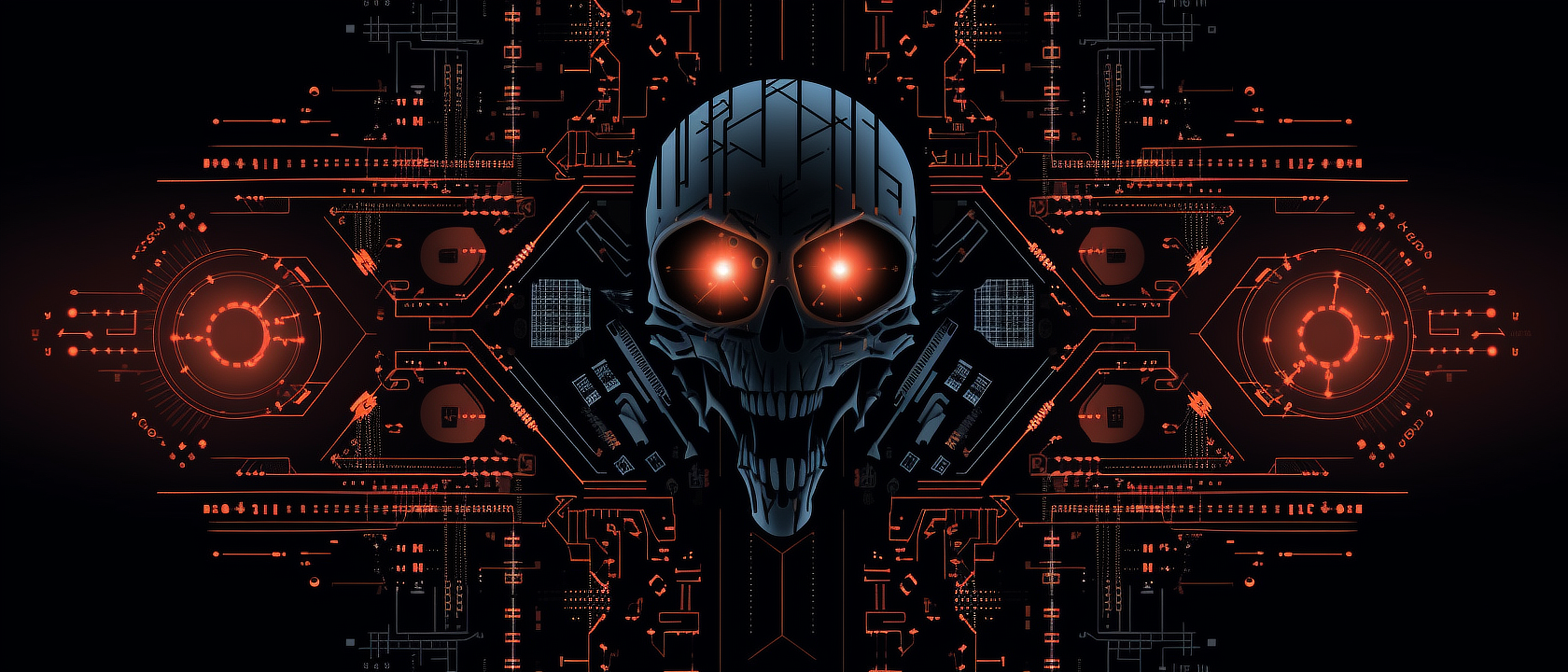 a skull with red eyes and circuit board
