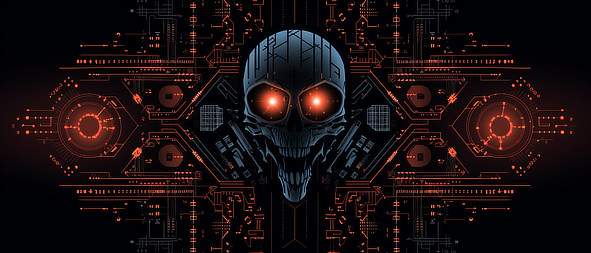 a skull with red eyes and circuit board