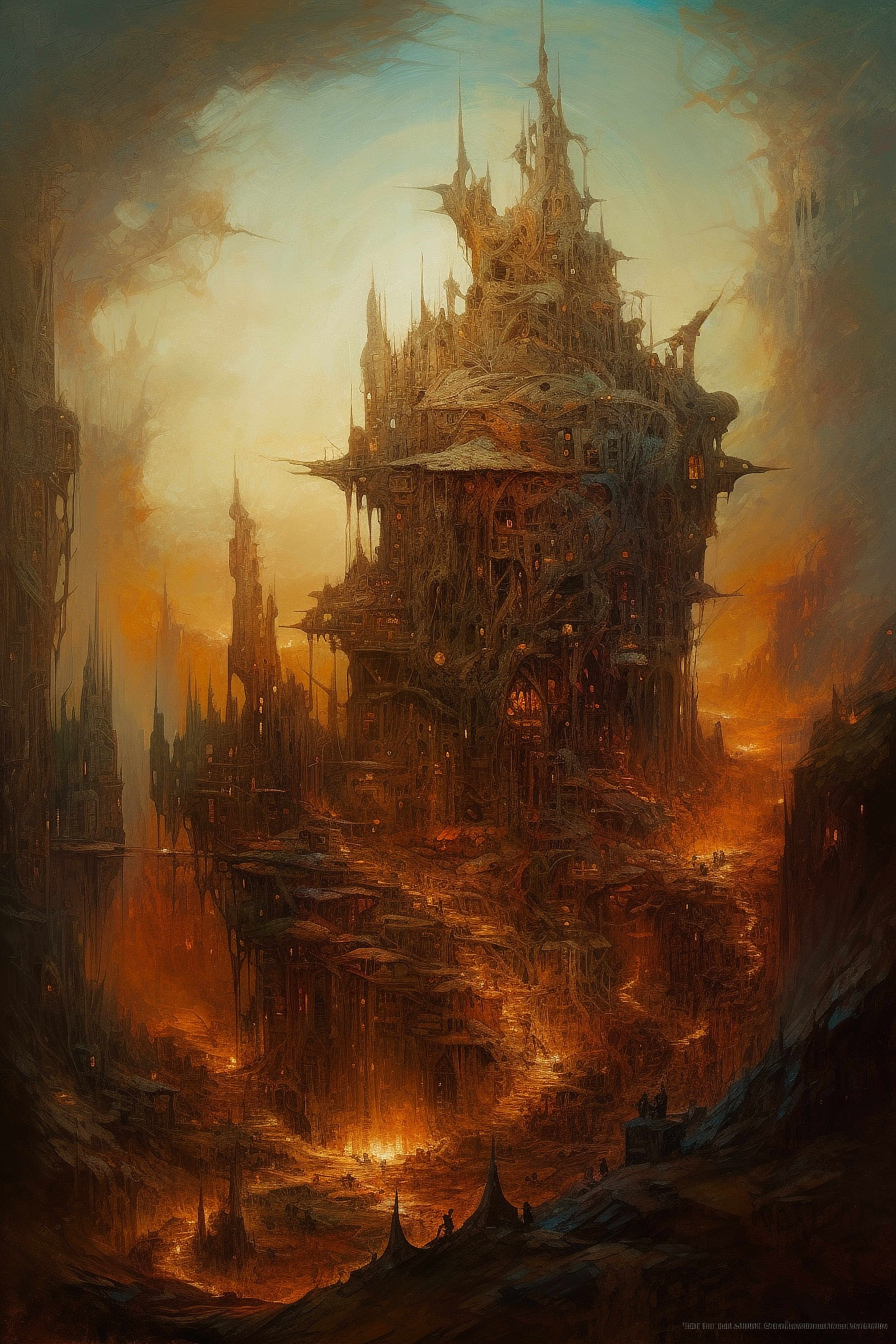 a building with towers and flames