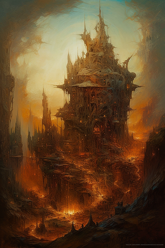 a building with towers and flames