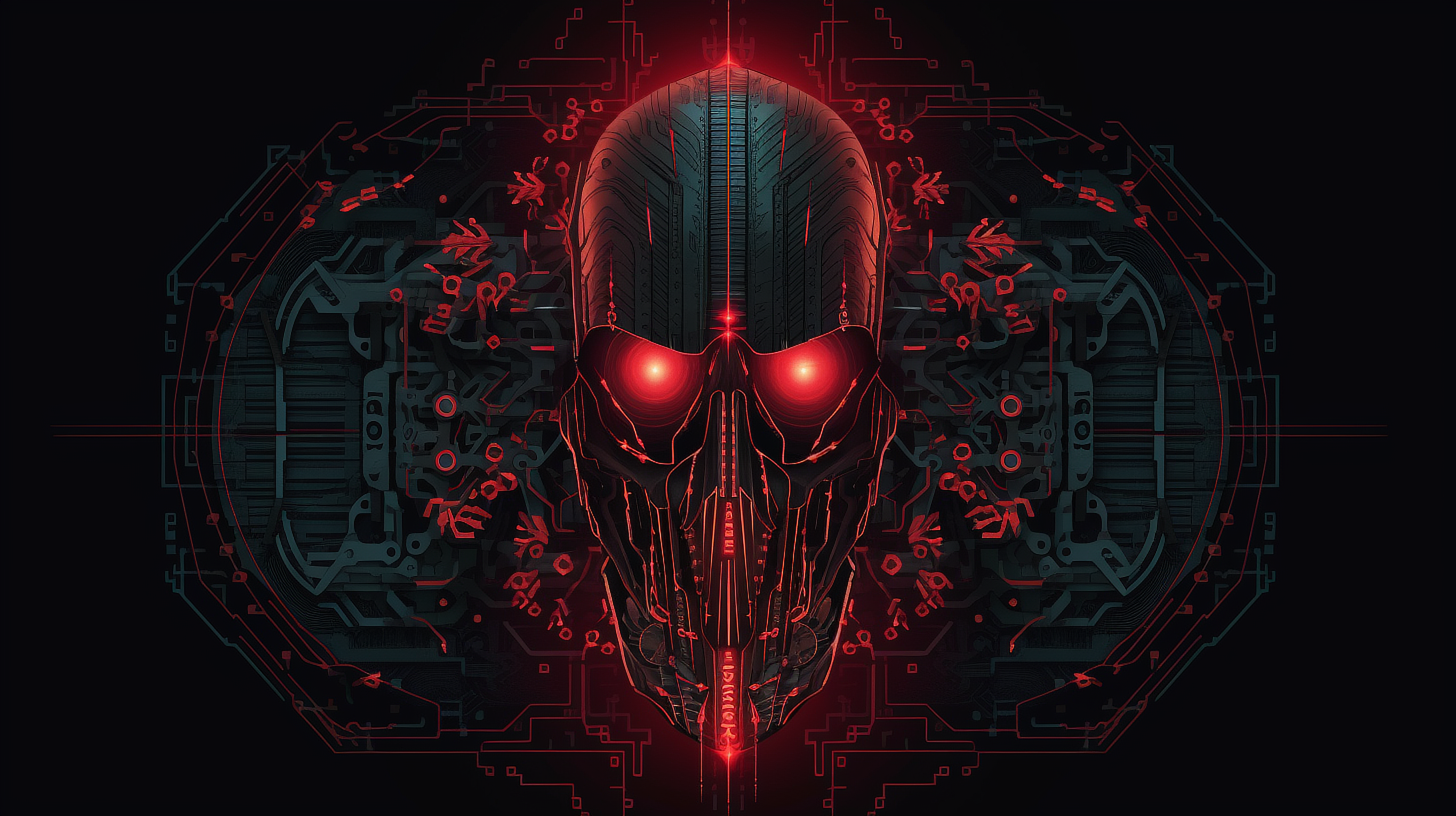 a black and red skull with red eyes