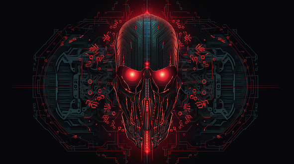 a black and red skull with red eyes