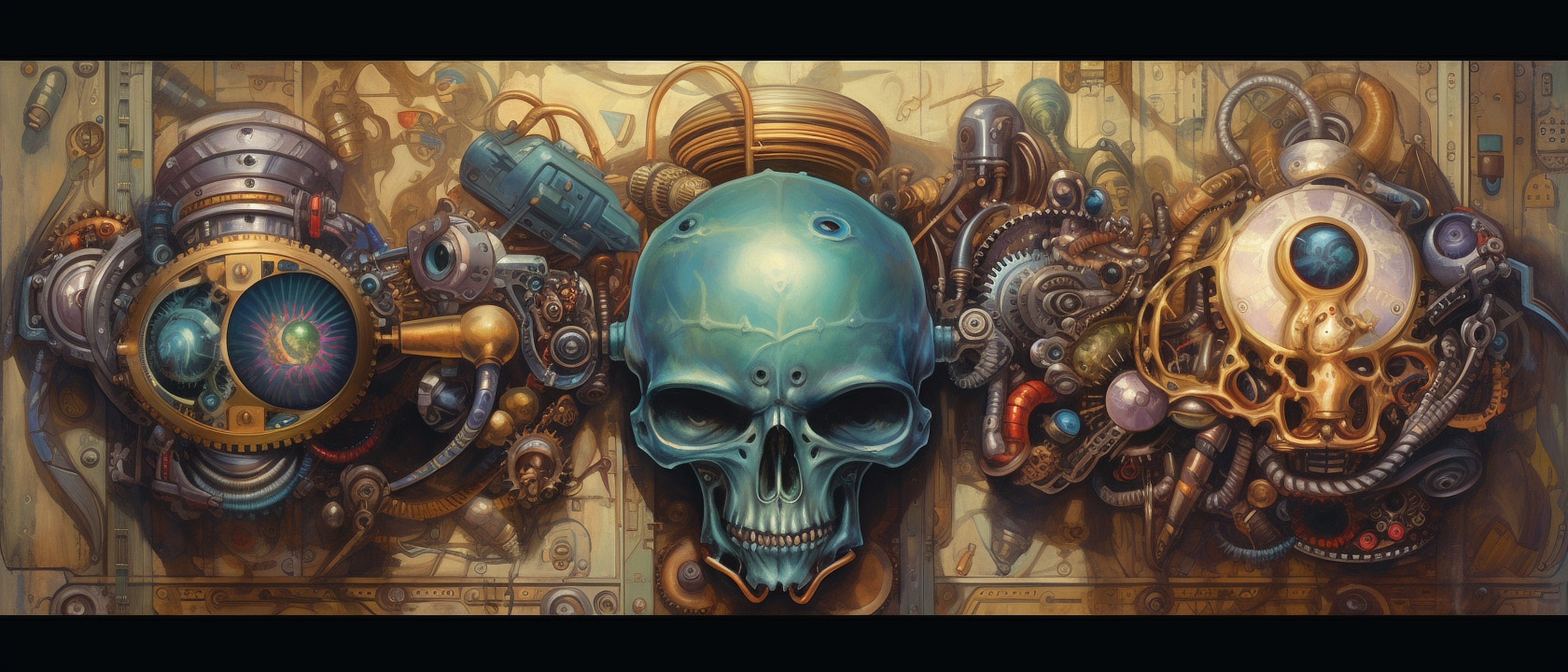 a skull with a blue helmet and many different mechanical objects