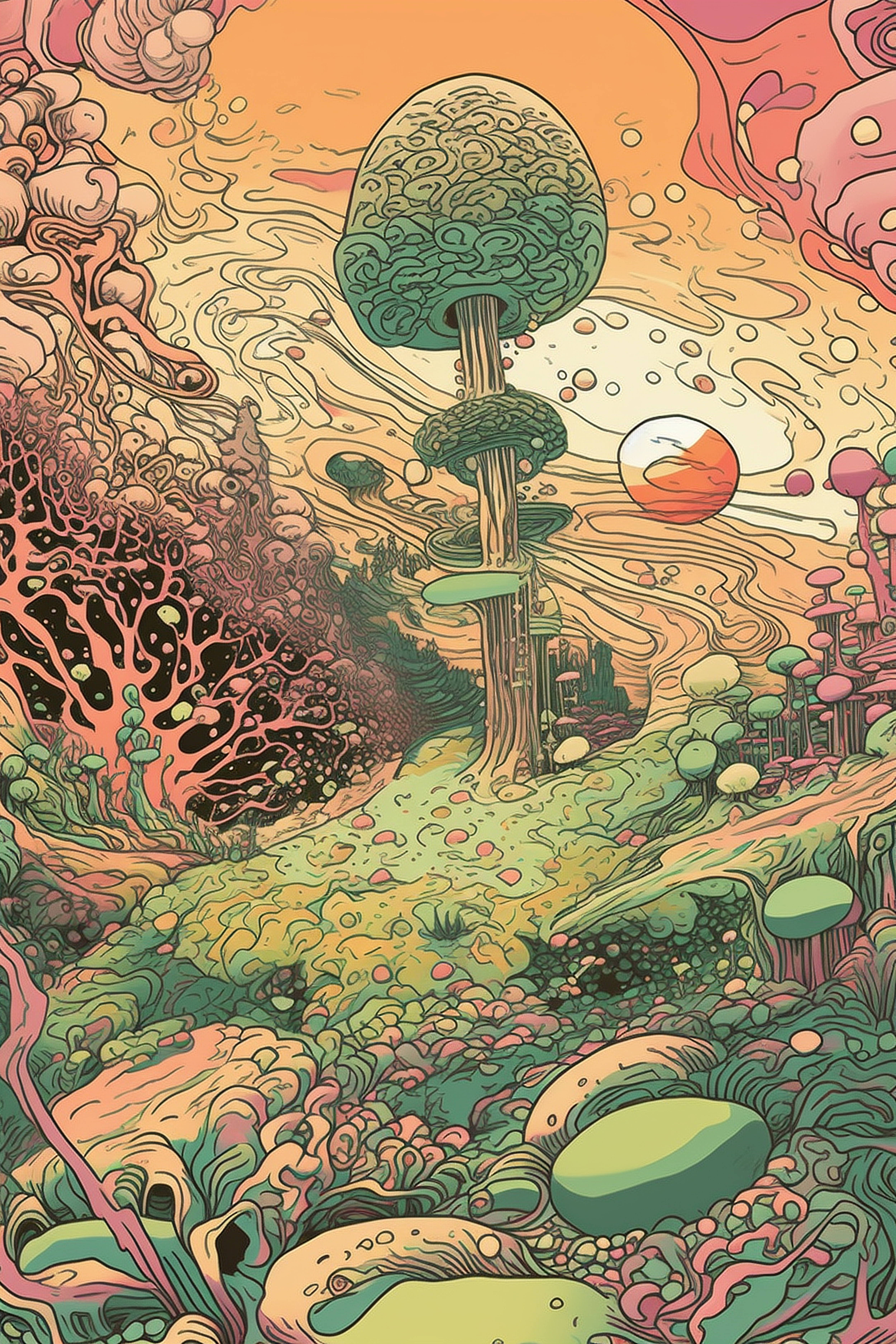 a colorful landscape with trees and plants