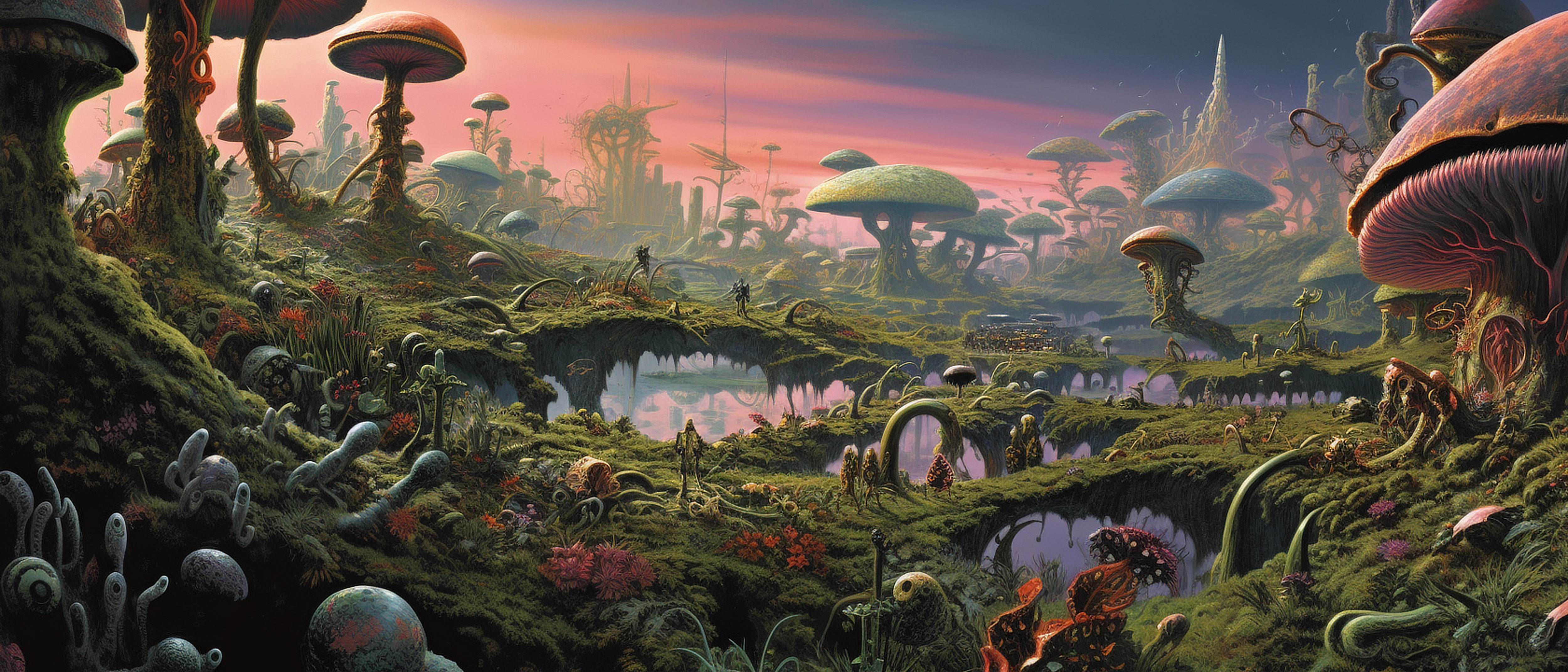 a fantasy landscape with many mushrooms and plants