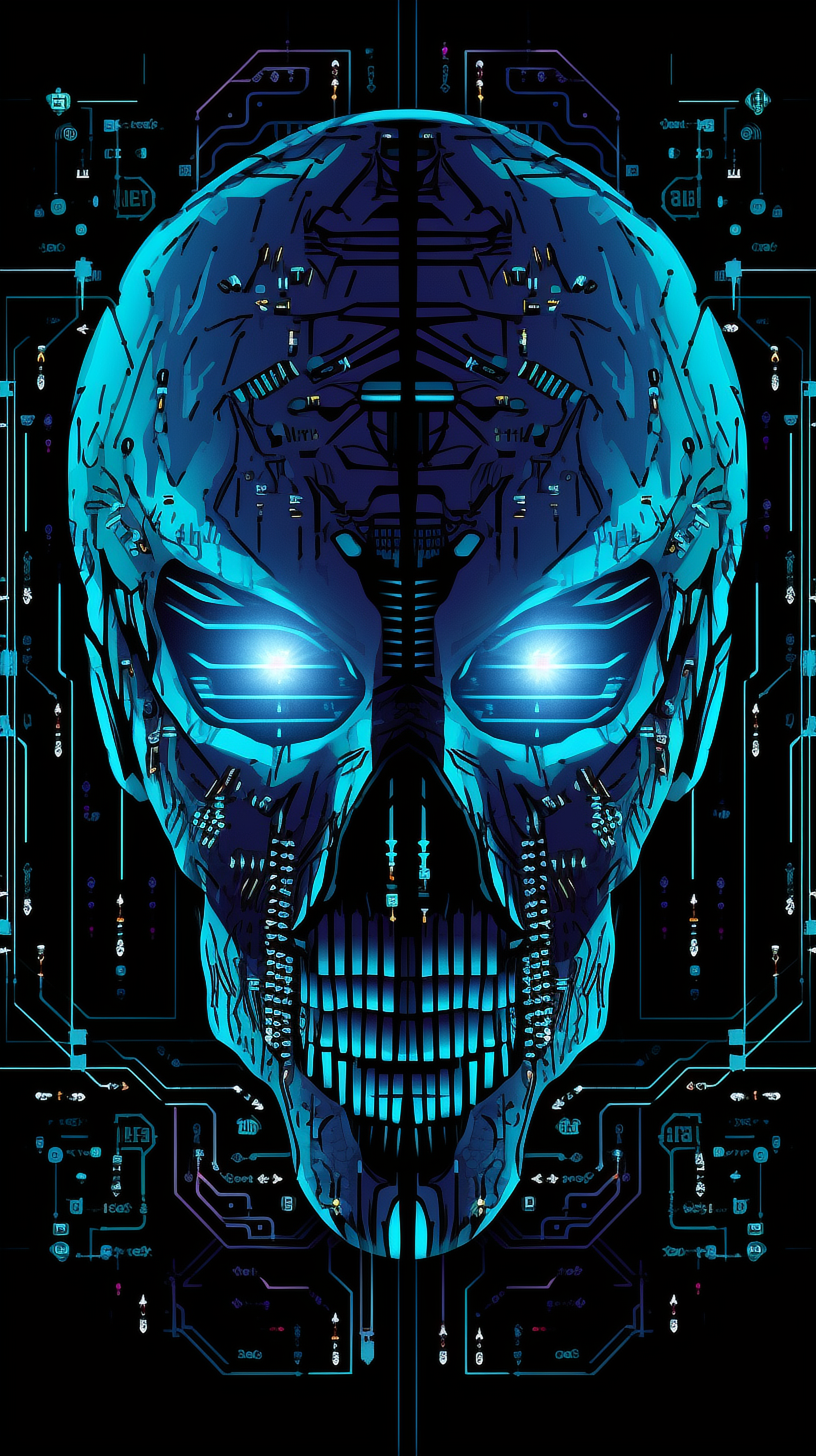 a skull with circuit board and blue lights