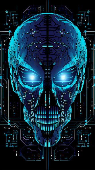 a skull with circuit board and blue lights