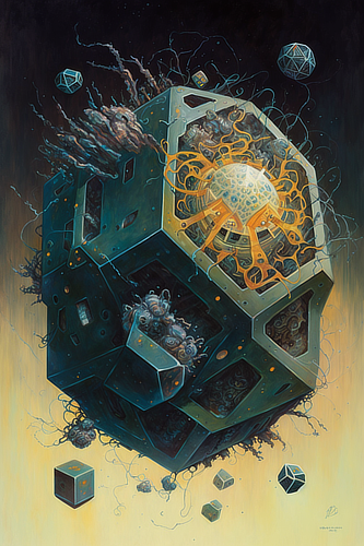 a artwork of a large cube with a yellow and orange design