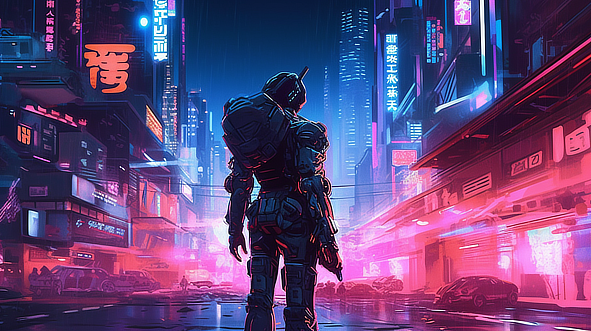 a man in a space suit standing in a city street