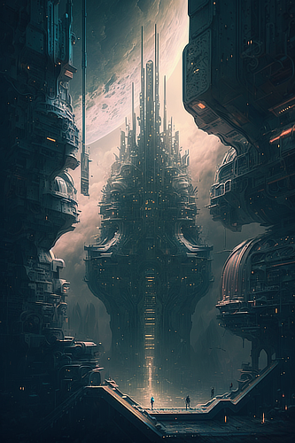 a large metal tower with a moon in the background