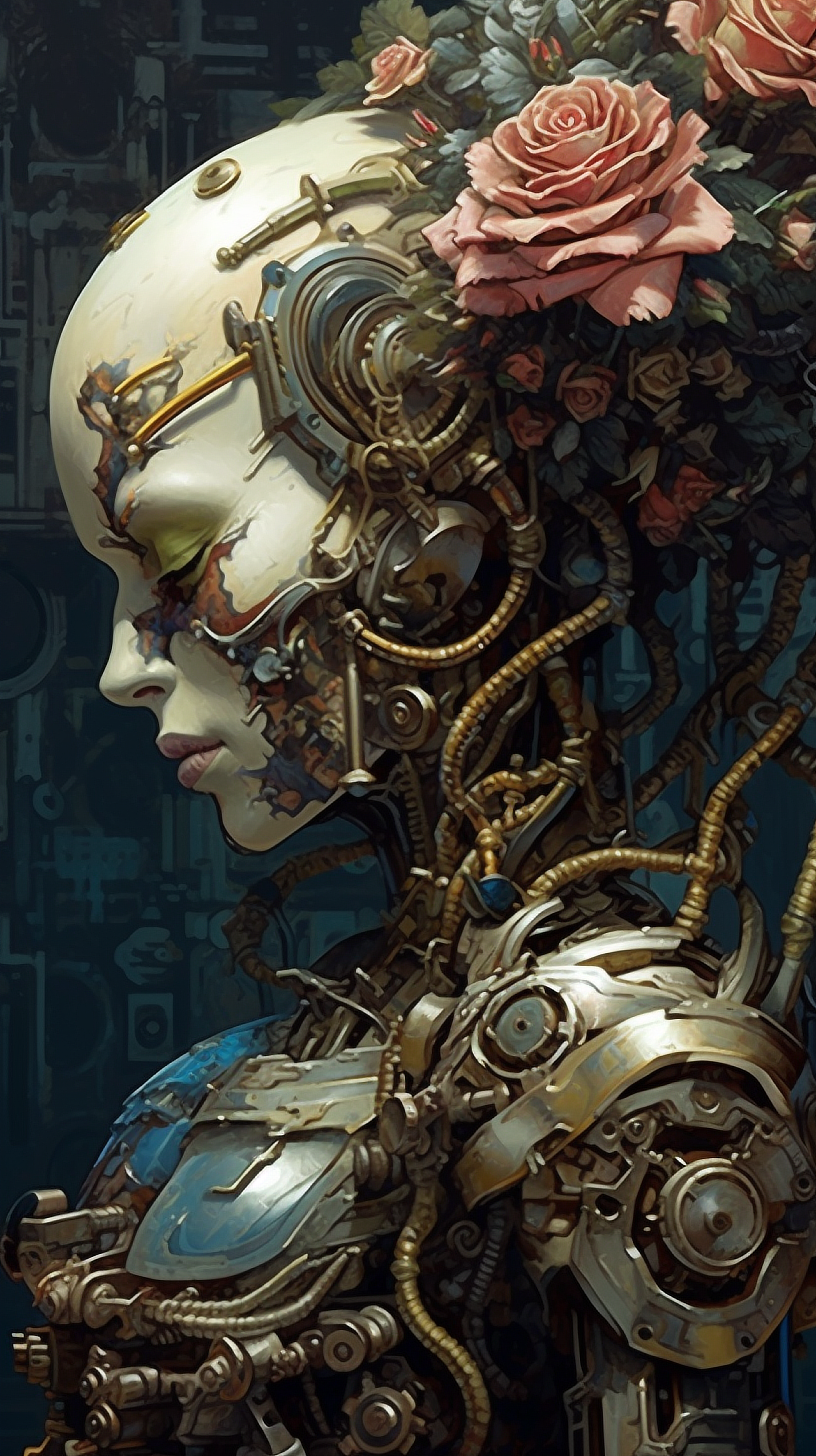 a robot with flowers and metal parts