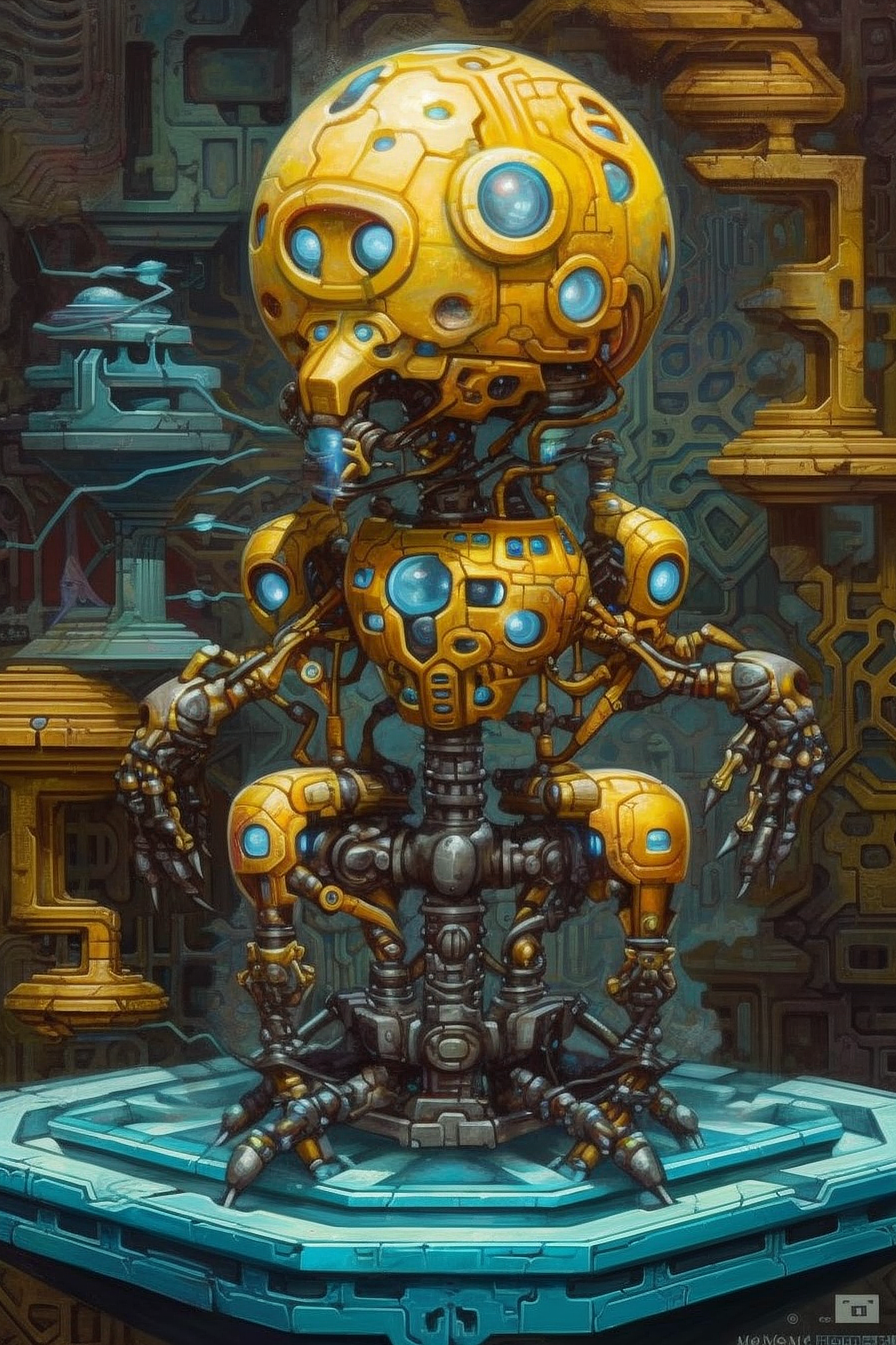 a yellow robot with blue eyes
