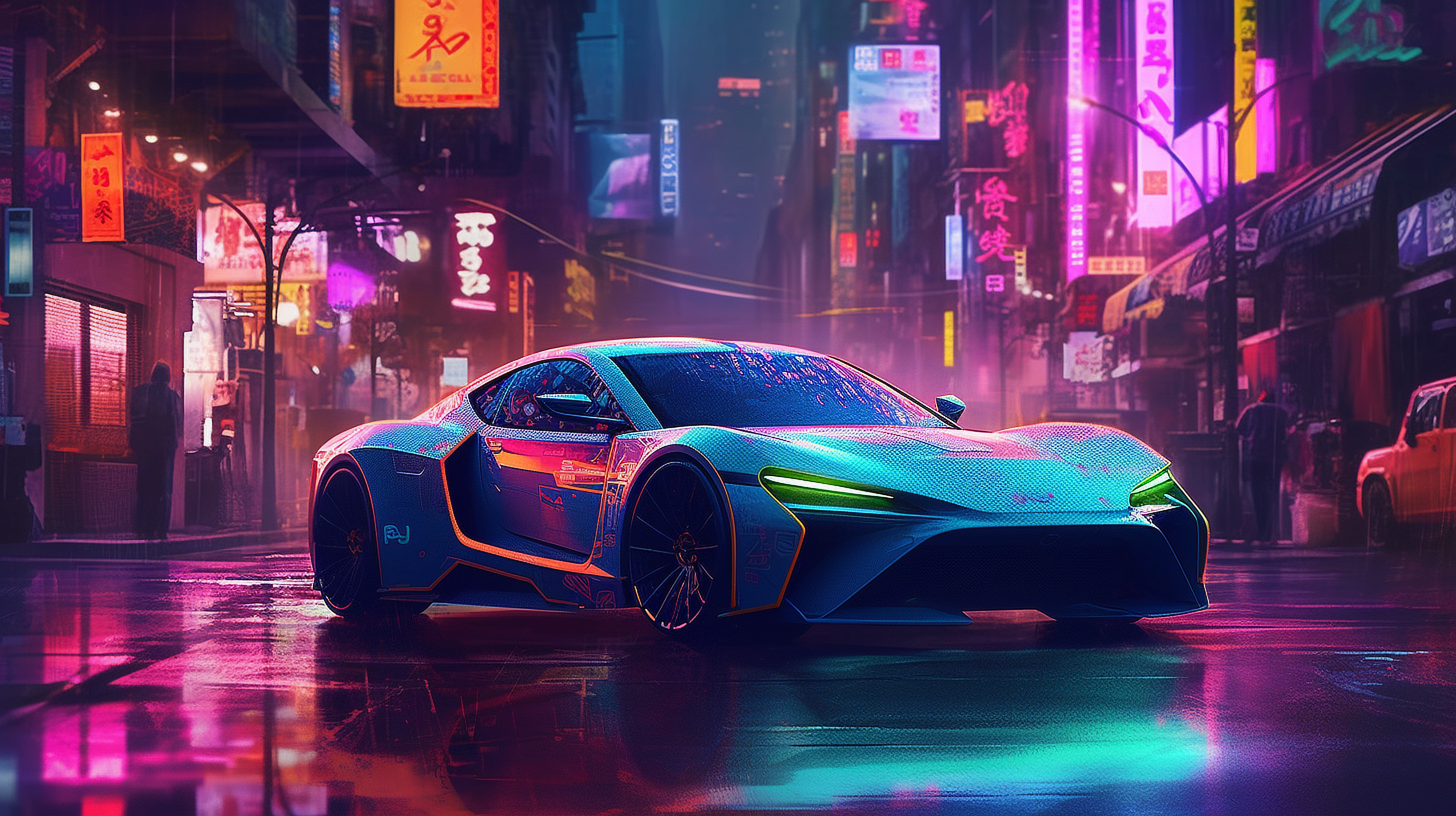 a sports car on a wet road in a city