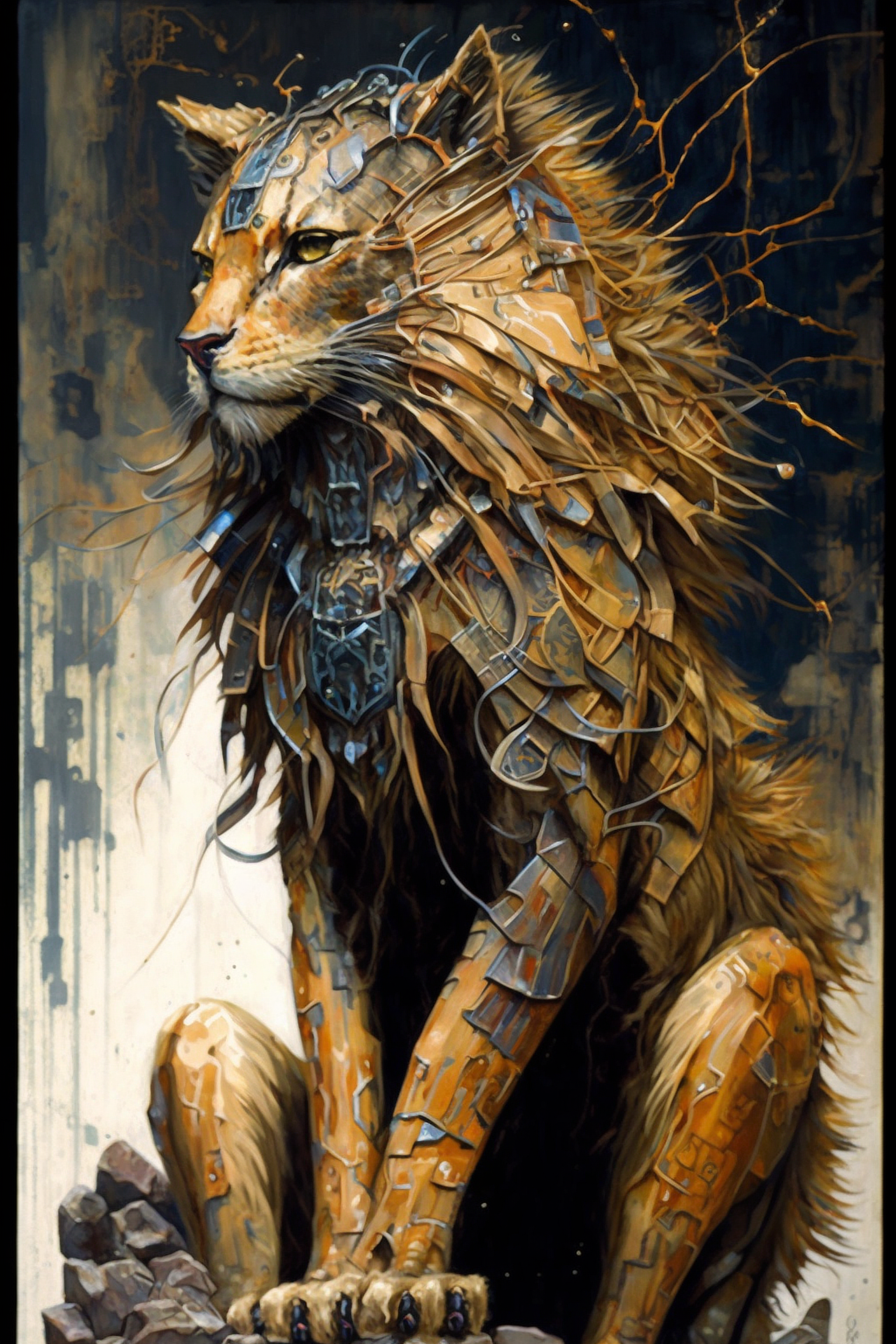 a lion with a metal piece of clothing