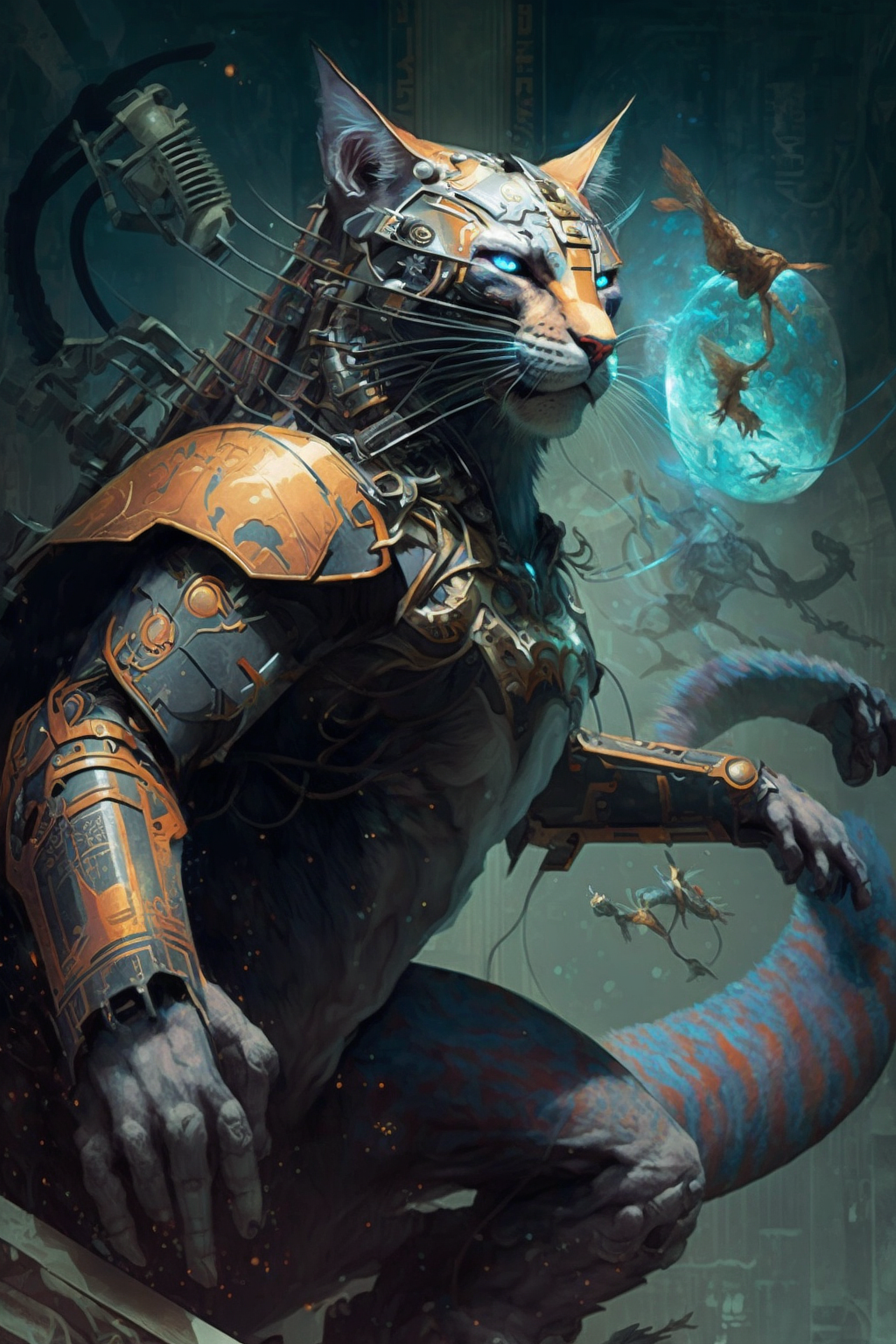 a cat in armor with a snake and birds flying around