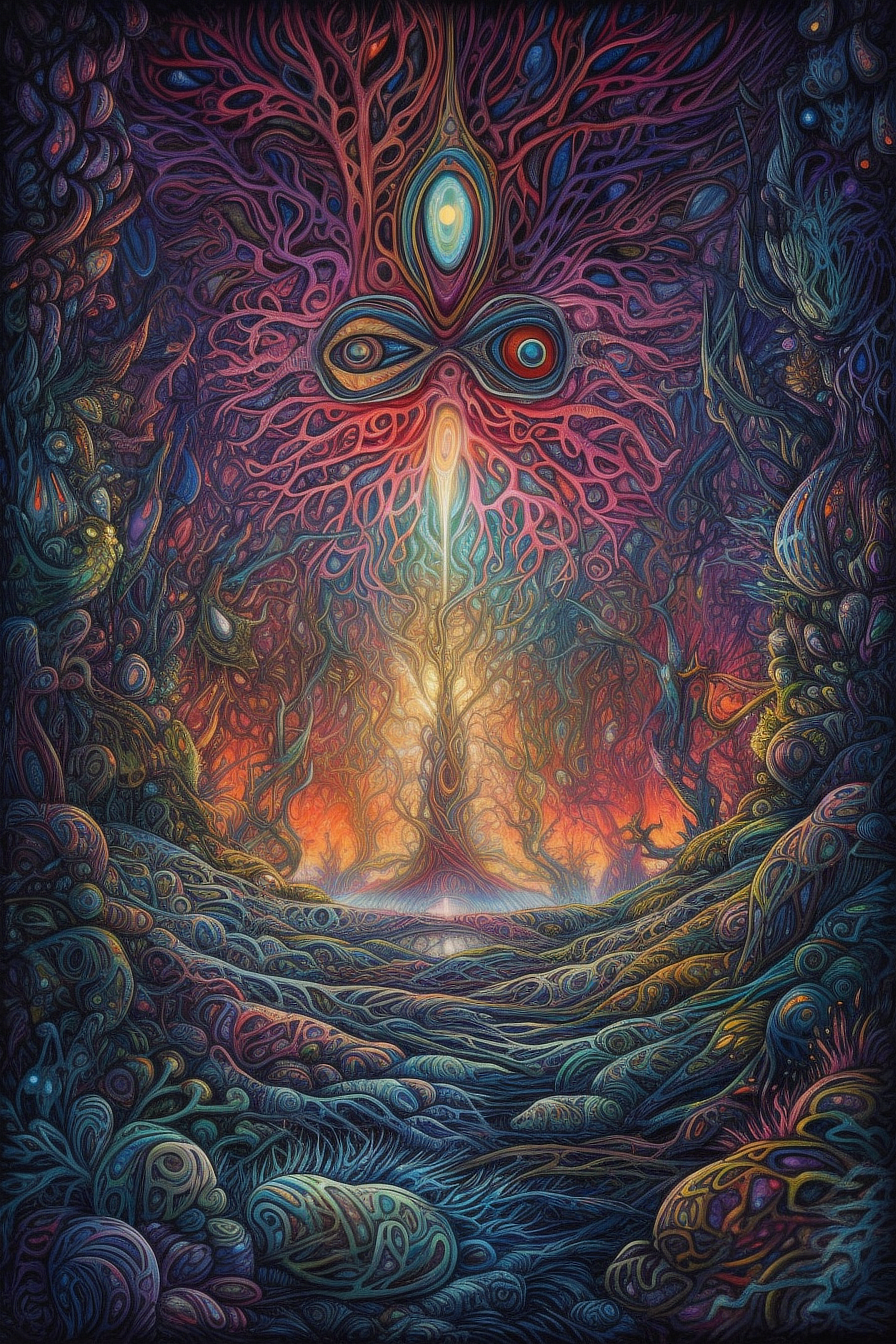 a colorful artwork with a tree and a bright light