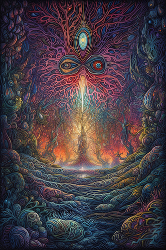 a colorful artwork with a tree and a bright light