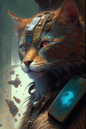 a cat with a metal helmet