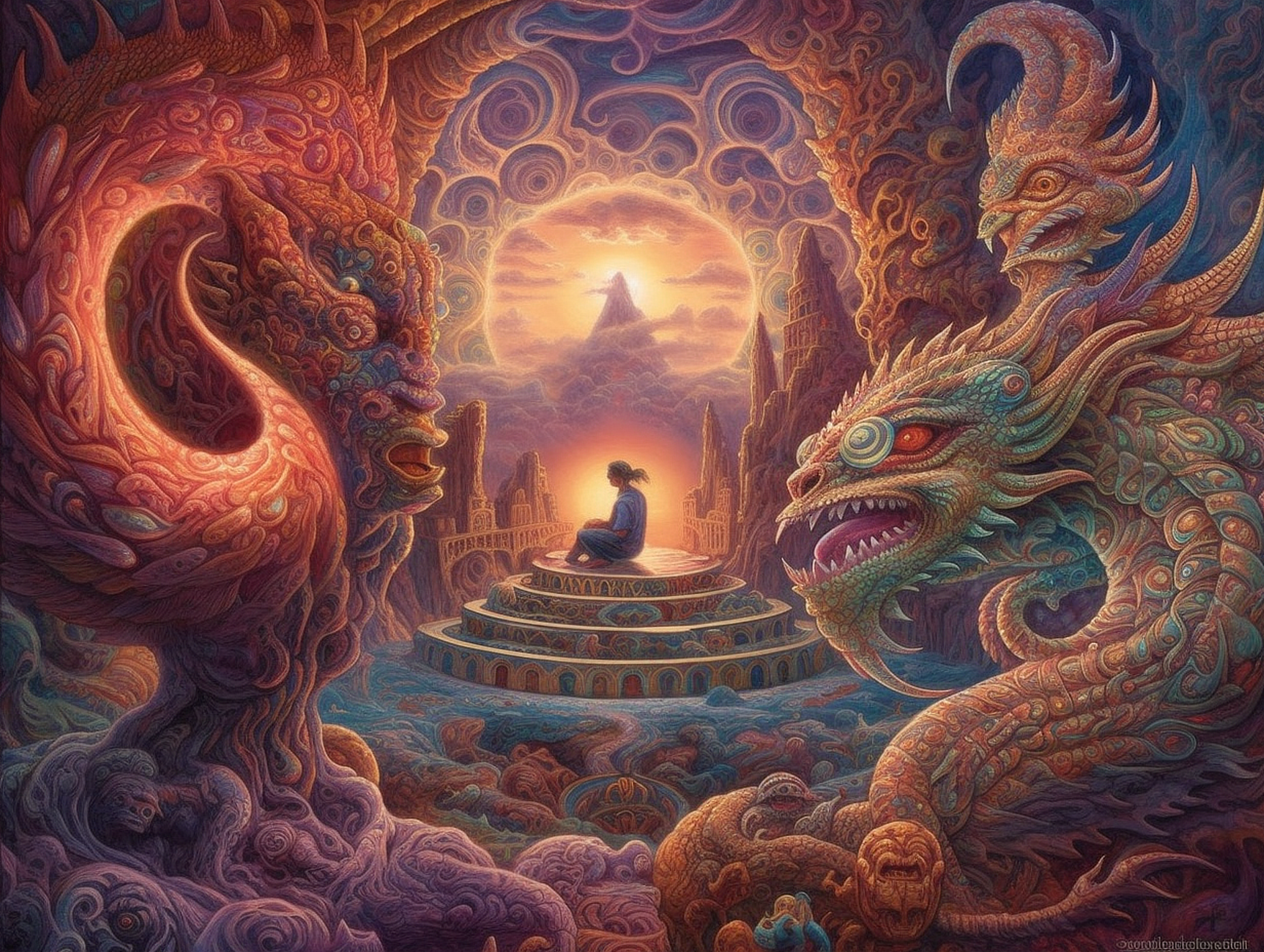a painting of a person sitting on a platform surrounded by fantasy creatures