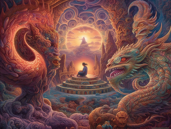 a painting of a person sitting on a platform surrounded by fantasy creatures
