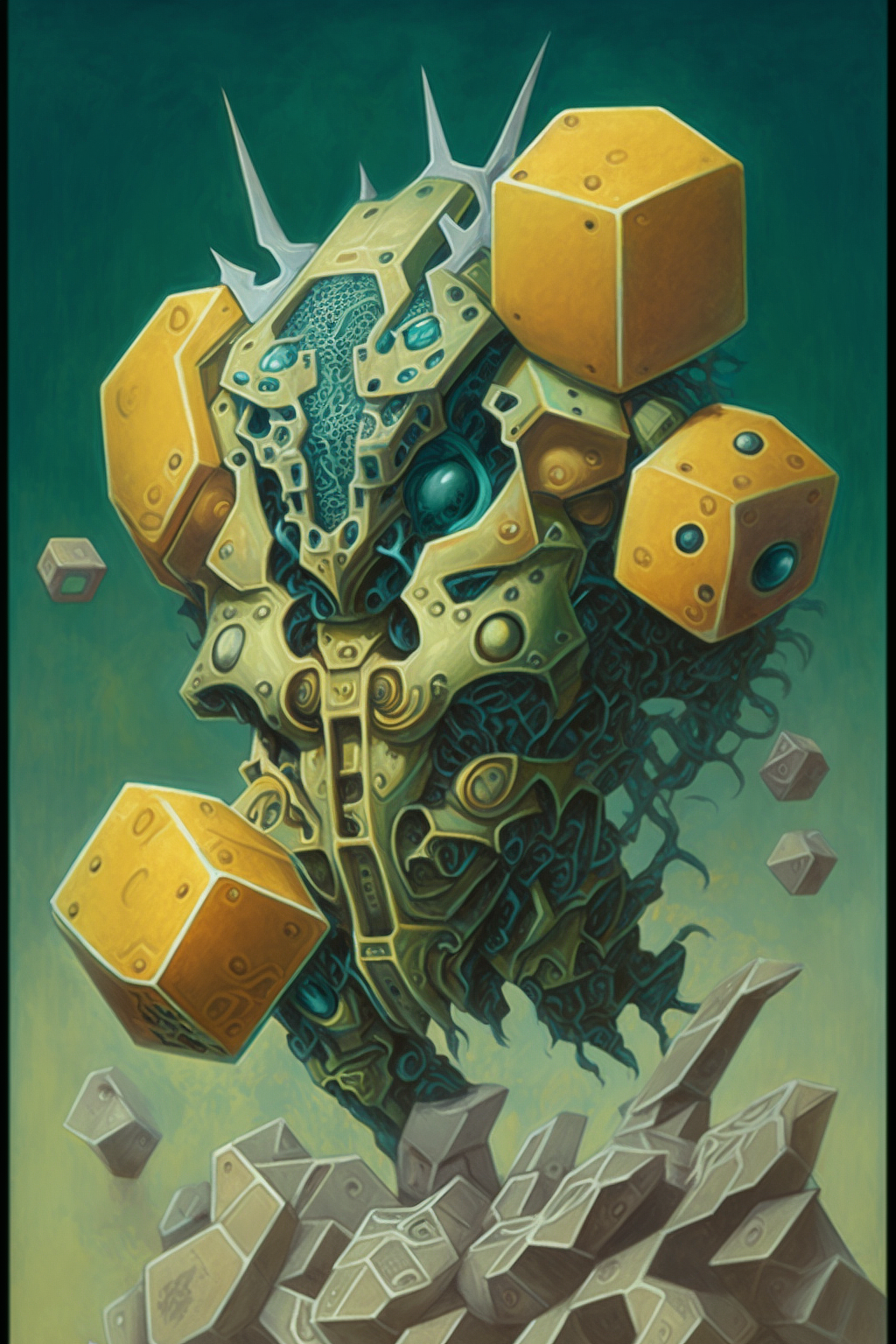 a yellow and green robot with yellow cubes