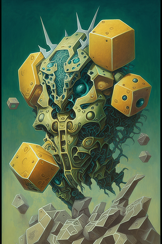 a yellow and green robot with yellow cubes